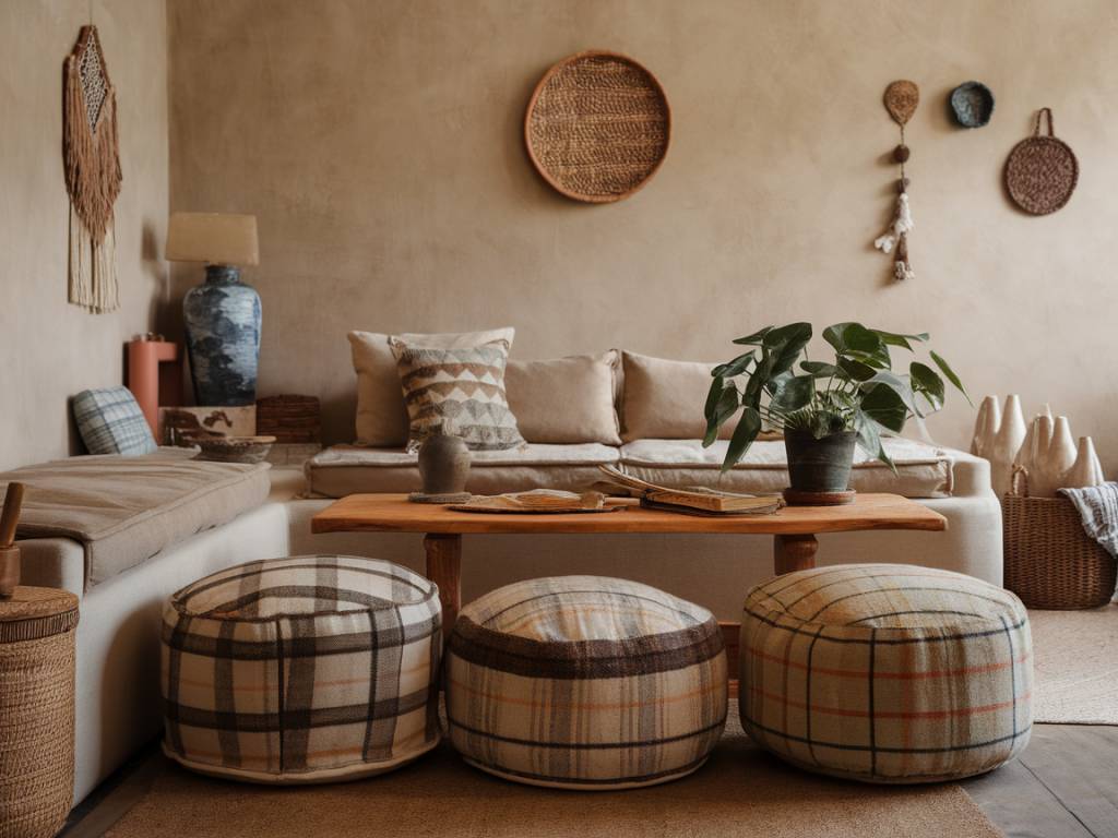 Les poufs en laine bouclée pour un salon cosy